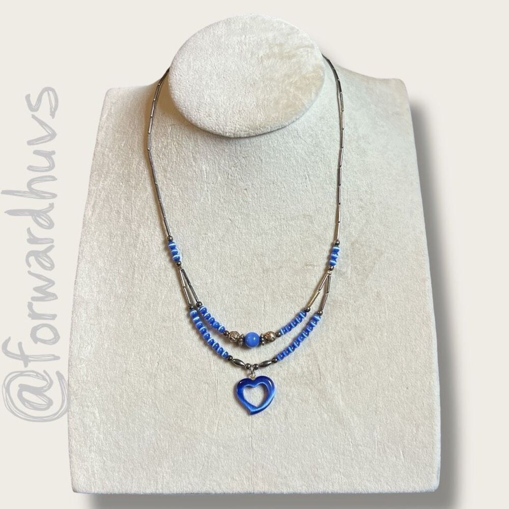 Blue Beaded Necklace – Single Strand That Splits Into Two (16” & 18”)